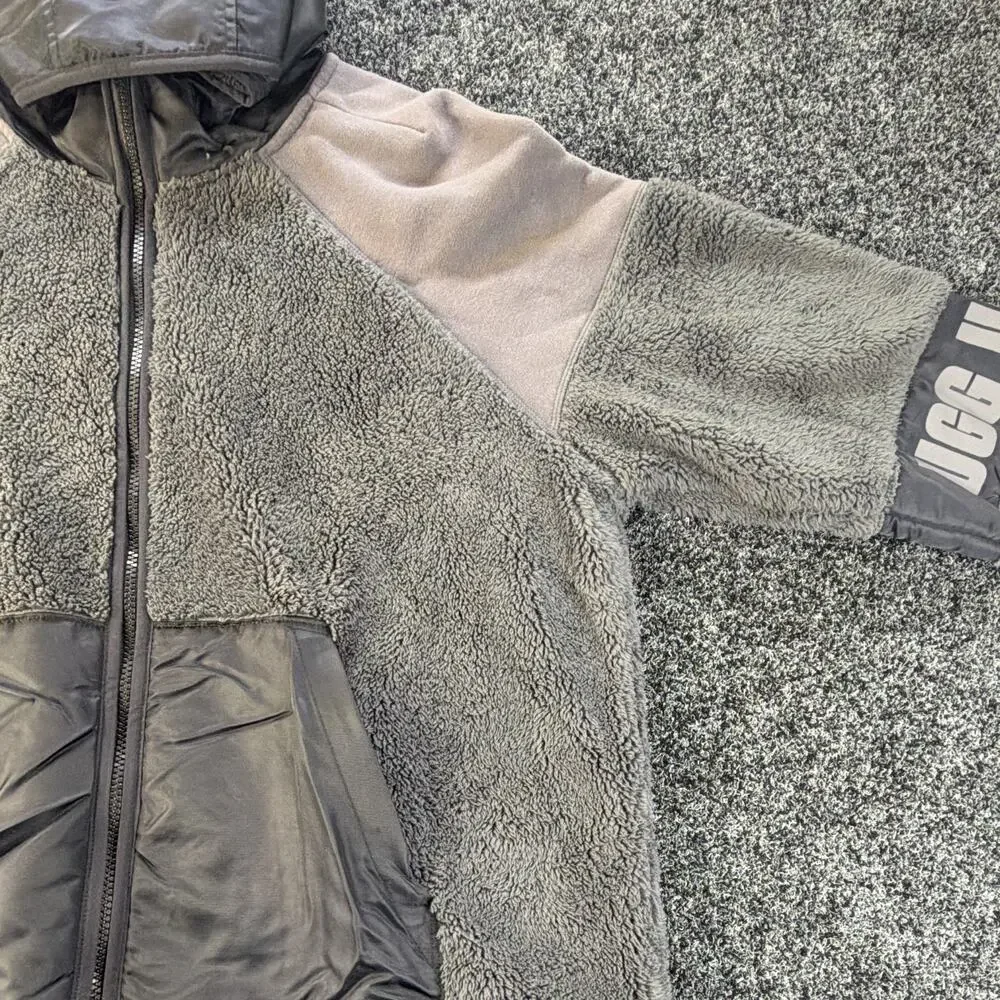 RARE UGG Sample Prototype Sherpa Fleece Hooded Full Zip Jacket Gray large